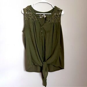 PerSeption Concept Women's Sleeveless Top Olive Green with Tie in Front Size XL